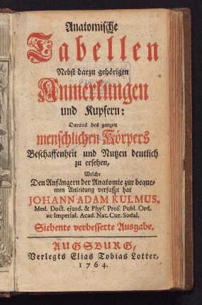 Anatomische Tabellen : nebst darzu gehörigen Anmerkungen und Kupfern ; daraus des ganzen menschlichen Körpers Beschaffenheit und Nutzen deutlich zu ersehen