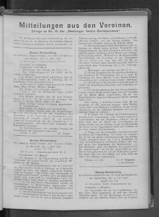 Mitteilungen aus den Vereinen. Beilage zu No. 181 der "Hamburger Aerzte-Correspondenz".