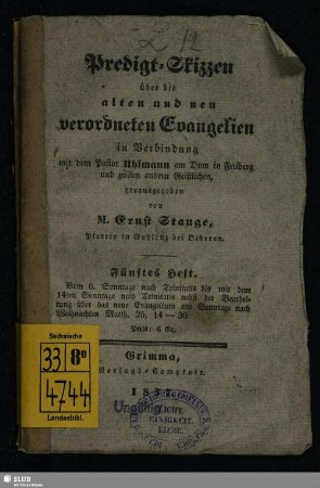 5: Vom 6. Sonntage nach Trinitatis bis mit dem 14ten Sonntage nach Trinitatis nebst der Bearbeitung über das neue Evangelium am Sonntage nach Weihnachten Matth. 25, 14-30