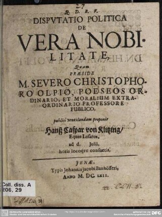 Disputatio politica de vera nobilitate