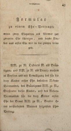 Formular zu einem Ehe-Vertrage, wenn zwey Ehegatten als Witwer zur zweyten Ehe schreiten ...