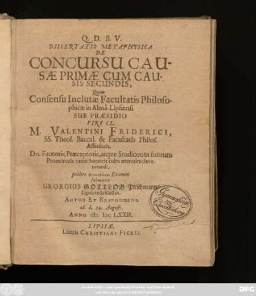 Dissertatio Metaphysica De Concursu Causae Primae Cum Causis Secundis