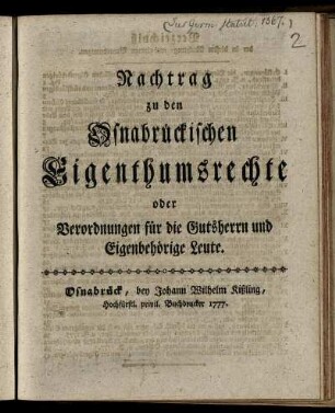 Nachtrag zu den Osnabrückischen Eigenthumsrechte oder Verordnungen für die Gutsherrn und Eigenbehörige Leute