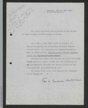 Bitte um Veröffentlichung betr. 33. Generalversammlung des ADF 1925 in Eisenach
