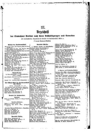 III. Verzeichniß der Einwohner Berlins nach ihren Beschäftigungen und Gewerben