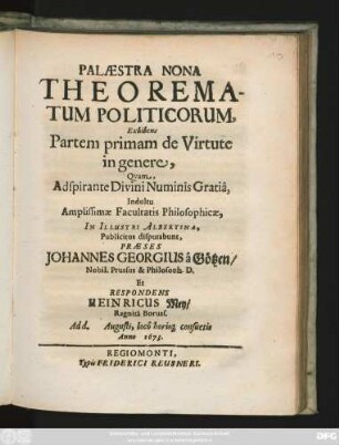 Palaestra Nona Theorematum Politicorum, Exhibens Partem primam de Virtute in genere,
