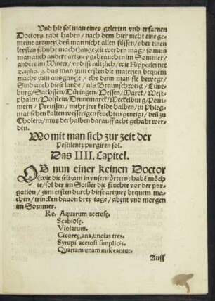 Wo mit man sich zur zeit der Pestilentz purgiren sol. Das IIII. Capitel.