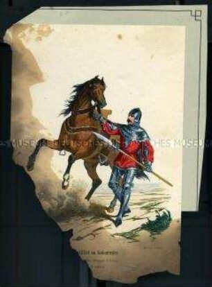 Uniformdarstellung, Coustillier mit Guisarme (Sturmsense) und Pferd im Gefolge eines Kriegers, Frankreich, 1380/1400.