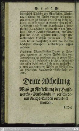 Dritte Abtheilung Was zu Abstellung der Handwercks-Mißbräuche in verschiedenen Reichs-Landen verordnet worden