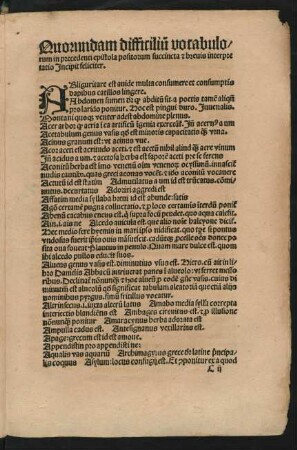 Quorundam difficilium vocabulorum in precedenti epistola positorum succincta et brevis interpretatio Incipit feliciter.