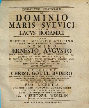 Dissertatio Inavgvralis De Dominio Maris Svevici Vvlgo Lacvs Bodamici