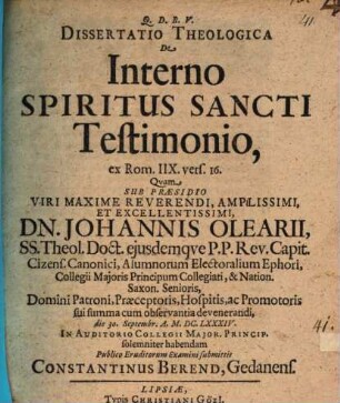 Dissertatio Theologica De Interno Spiritus Sancti Testimonio : ex Rom. IIX. vers. 16.