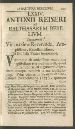 LXXIV. Antonii Reiseri ad Balthasarem Bebelium
