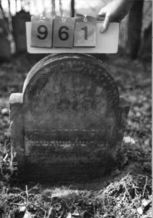 Grabstein 961 (Index: 99751415) Material: Sandstein Zustand: verwittert mit großem Textverlust Maße HxBxT: 68x51x8 cm Beschreibung: Stele, eingezogener Rundbogenabschluß, Schriftfeld eingetieft: Grabstein 961