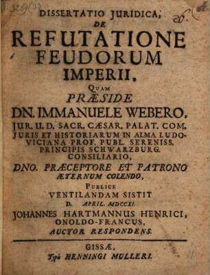 Dissertatio Juridica, De Refutatione Feudorum Imperii