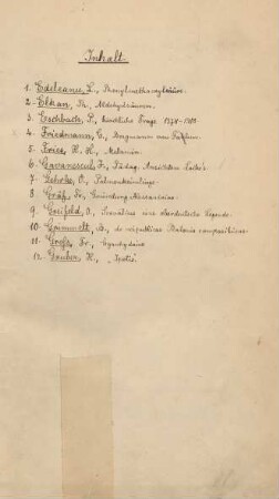 Handschriftliches Inhaltsverzeichnis des Sammelbandes