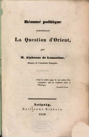 Résumé politique concernant La Question d'Orient