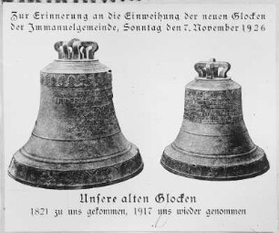 Leipzig-Probstheida. Die alten Glocken (1821 zu uns gekommen, 1917 wieder genommen) der Dorfkirche (Immanuelkirche)