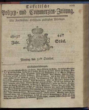 44tes Stueck, Montag den 31ten October 1803