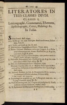 103-212, Classis I. Lexicographi, Grammatici, Rhetores, Epistolographi, Critici, Philologi [et]c.