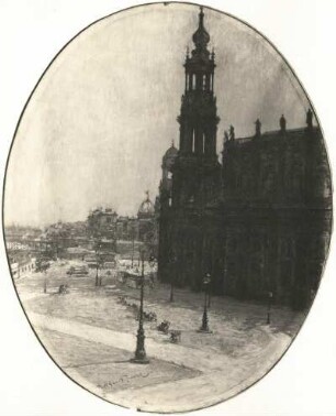 Theaterplatz mit Hofkirche : Theaterplatz mit Hofkirche. Gemälde (vor 1915; G. Kühl)