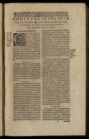 Liber I. / Confutatio Politiae Calvinianae, Ex Sex Libris De Disciplina Et Politia Ecclesiastica ...