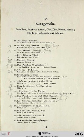 IV. Kunstgewerbe: Porzellane, Fayencen, Kristall, Glas, Zinn, Bronze, Messing, Elfenbein, Edelmetalle und Schmuck (Nr. 225-385)