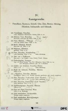 IV. Kunstgewerbe: Porzellane, Fayencen, Kristall, Glas, Zinn, Bronze, Messing, Elfenbein, Edelmetalle und Schmuck (Nr. 225-385)