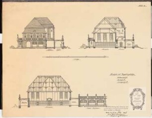 Erziehungsheim Schinkelwettbewerb 1909: Turnhalle mit Doppelkegelbahn. Seitenansicht, Schnitte 1:150