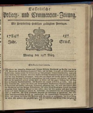 13tes Stueck, Montag den 29ten Maerz. 1784