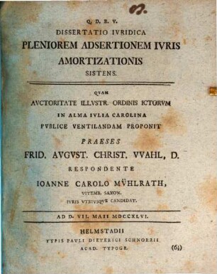 Dissertatio juridica pleniorem adsertionem iuris amortizationis sistens