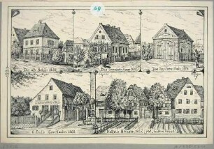 Das Dorf Strehlen bei Dresden in fünf Einzelansichten: alte Schule 1854, Gemeindehaus 1872, Spritzenhaus 1876, Wohnhaus mit Kolonialwarenladen von G. End 1868 und Holleis Häuser 1857, aus den Heimatkundeblättern "Bergblumen"
