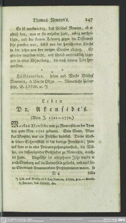Leben Dr. Akenside's. (Vom J. 1721-1770.)