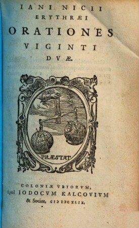 Iani Nicii Erythraei Orationes Viginti Duae