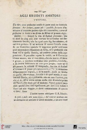 Agli eruditi amatori l’editore