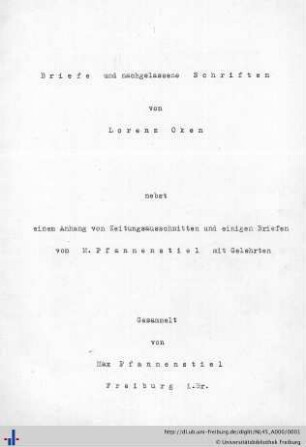 Nachlass L. Oken (NL 45/A0) : Inhaltsverzeichnis "Briefe und nachgelassene Schriften von Lorenz Oken"