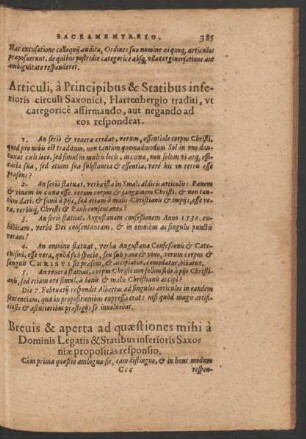 Articuli, a Principibus & Statibus inferioris circuli Saxonici, Hartenbergio traditi, ut categorice affirmando, aut negando ad eos respondeat.