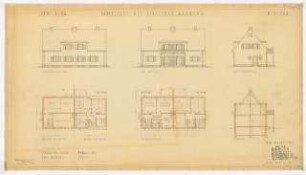 Siedlung mit Einzelhäusern und Doppelhäusern, Unterlüß: Doppelhaus Typ 20: 3 Ansichten, 1 Schnitt, Grundrisse Kellergeschoss, Erdgeschoss und Dachgeschoss 1:100