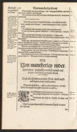 IIII. Von mancherley underschidlichen/ zugleich innerlichen und euserlichen/ von Gott zugefügten Creutz und Anfechtungen.
