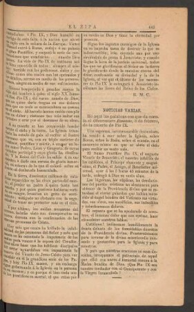 Noticias varias. : Hé aquí las palabras con que da cuenta el Observatore Romano, 8 de febrero, de la muerte de Pío IX. - [Traducción]