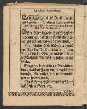 Leich Text aus dem neun und dreyssigsten Psalm{[...]