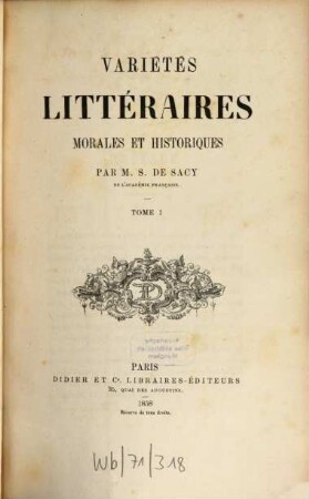 Variétés littéraires morales et historiques, 1