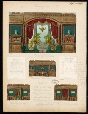 Herrenzimmerdekoration Monatskonkurrenz April 1878: Grundriss und Decke (beides Skizzen), Aufriss der vier Wände (verschiedene Maßstäbe)