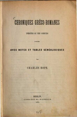 Chroniques gréco-romanes inédites ou peu connues