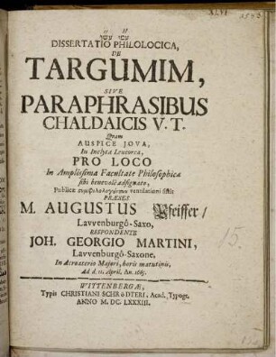 Dissertatio Philologica De Targumim, Sive Paraphrasibus Chaldaicis V.T.