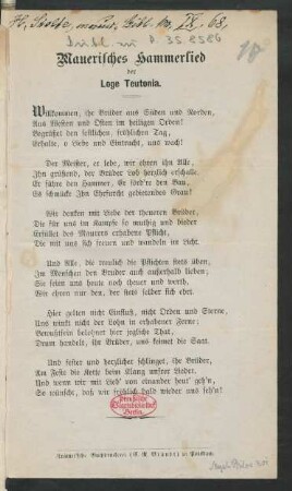 Mauerisches Hammerlied der Loge Teutonia