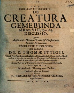 Problematis exegetici de creatura gemebunda ad Rom. VIII, 19 - 23. discussio
