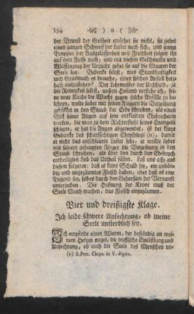 Vier und dreißigste Klage. Ich leide schwere Anfechtung, ob meine Seele unsterblich sey