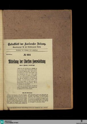 Karlsruher Zeitung, Extrablatt No. 234, Mitteilung der Obersten Heeresleitung vom 4. Januar 1915