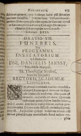 Oratio VIII. Funebris. Seu Programma Invitatorium Ad Exeqvias Dni. Danielis Jakssy, Trenchinio-Hungari, SS. Theologiæ Studiosi.